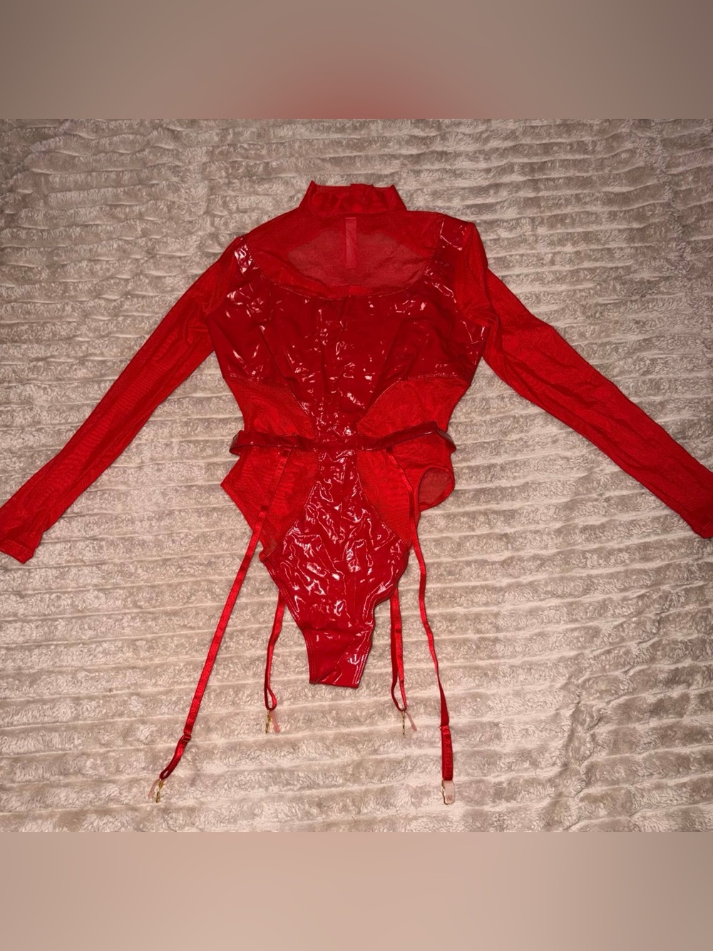 Red Sheer Mesh and Patent Lace-Up Bodysuit